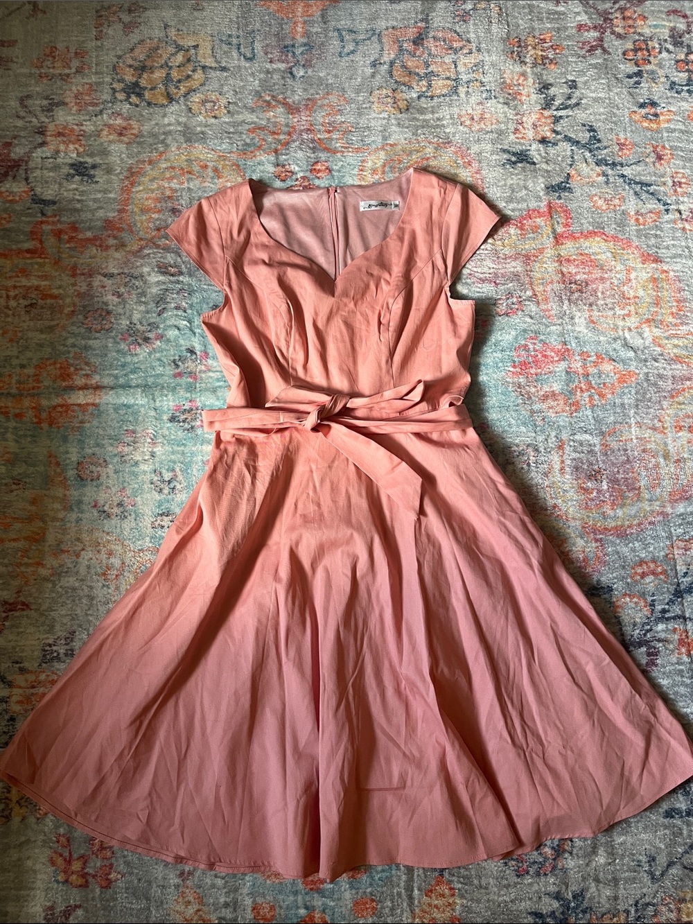 Kingfancy Vintage Style Coral Pink Cap-Sleeve Tie-Waist Midi Dress